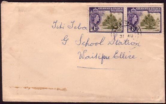 GILBERT & ELLICE IS 1957 LOCAL cover BETIO - TARAWA to Waitapu - 2d rate...37292