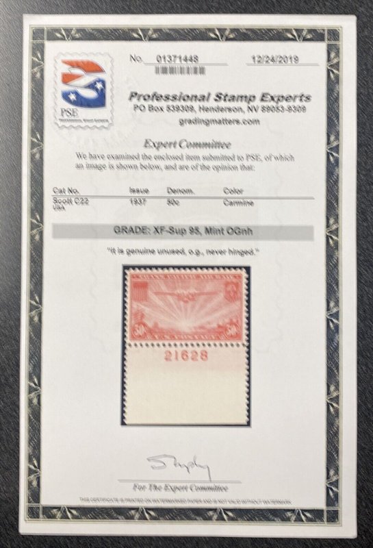 Scott C22 1037 50c PSE Certified XF-Sup 95 Mint OGnh Carmine With Plate Number