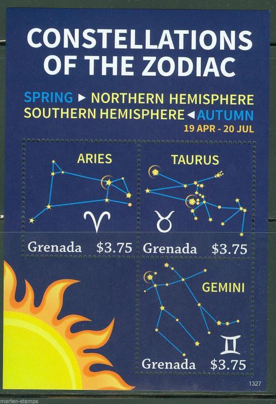 GRENADA  2013 CONSTELLATION OF THE ZODIAC SHEET   ARIES TAURUS GEMINI MINT NH