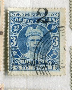 INDIA; COCHIN 1922 early local Rama Varma issue used surcharged value