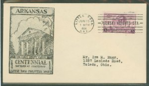 US 782 1936 3c Arkansas State Centennial (single) on an addressed (typed) FDC with a Little Rock Philatelk Society cachet