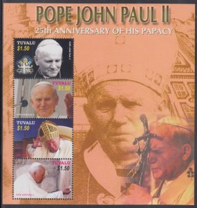 TUVALU Sc # 957a-d CPL MNH SHEET of 4 DIFF - 25th ANN ELECTION of JOHN PAUL II