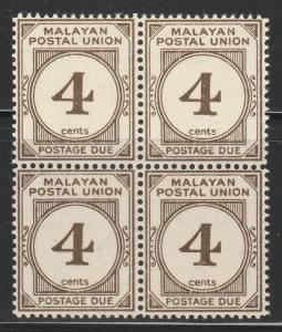 Malaya 1953 Malayan Postal Union 4c 4V Block MNH MSCA P.14 SG#D17 MA1590