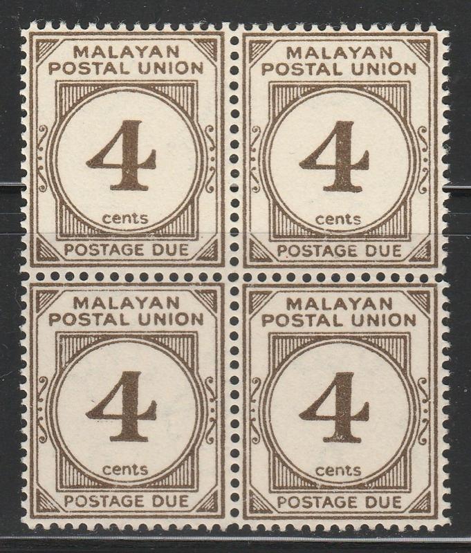 Malaya 1953 Malayan Postal Union 4c 4V Block MNH MSCA P.14 SG#D17 MA1590