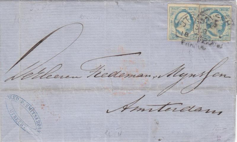 1861, Folded Letter Cover to Amsterdam with Pair Sc #1S (12425)