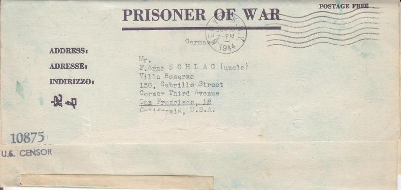 German POW, Letter Sheet, Ft Lewis, WA to San Fran, CA, 1944, Censor (C1634)