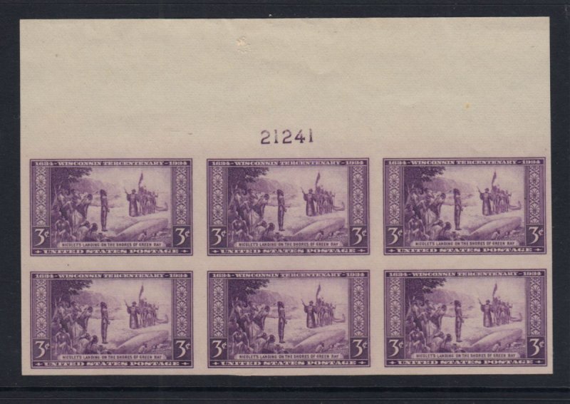 1935 Wisconsin 300 years Sc 755 FARLEY plate block of 6, no gum as issued 