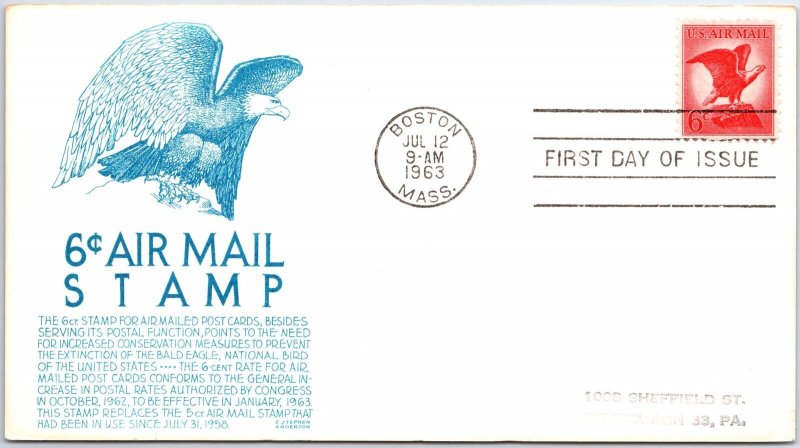 U.S. FIRST DAY CARD 6c RED EAGLE AIR MAIL STAMP ON ANDERSON CACHET 1963 (BLUE)