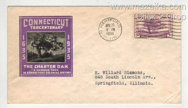 1935 CONNECTICUT TERCENTENARY #772 FDC IOOR COLOR VARIETY MACHINE CANCEL PURPLE