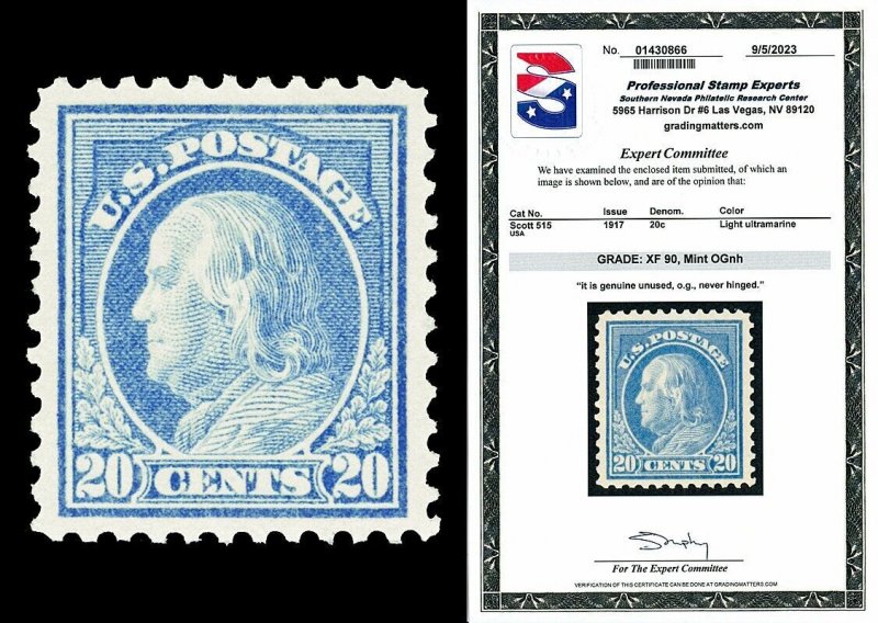 Scott 515 1917 20c Ultramarine Franklin Issue Mint Graded XF 90 NH with PSE CERT