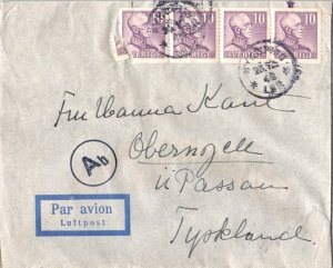 Sweden 10o King Gustavus V Coil strip of 4 1942 Nykoping Airmail to Obernzell...