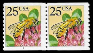 PCBstamps  US #2281 Coil Pair 50c(2x25c)Honeybee, small tag, coil, MNH, (2)