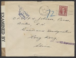 1941 Censored Cover Goderich Ont to Hong Kong MAIL SERVICE SUSPENDED Ottawa DLO