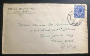 1919 Bloemfontein South Africa Hotel Balmoral Cover To New York USA