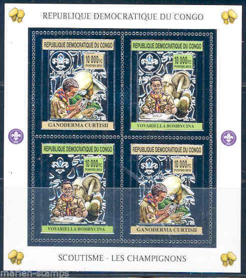 CONGO 2012 BOY SCOUTS & MUSHROOMS  SHEET OF FOUR SILVER FOIL STAMPS MINT NH