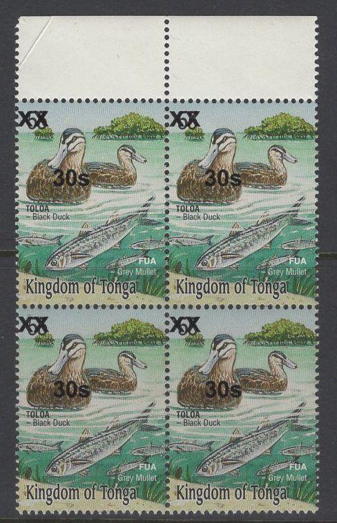 TONGA SG1615 2010 30s on 55s DUCKS & GREY MULLET BLOCK OF 4 MNH CREASE IN MARGIN