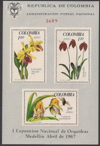 Colombia #C491a MNH ss, Airmail, various orchids, issued 1967