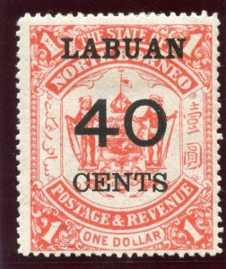 Labuan 1895 QV 40c on $1 scarlet MLH. SG 79. Sc 62.