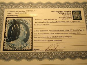US Stamp, Scott #23 Used.. SCV $575.00, w/Certificate, Clipped at top and right,