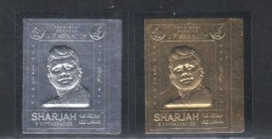 Sharjah # MI1154-1155,John F. Kennedy, IMPERF Silver & Gold Foil Stamps, Mint NH