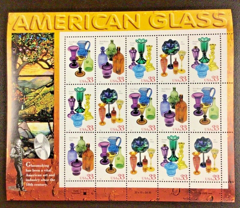 3325-3328   American Glass  MNH 33 c Sheet of 15   FV $4.95  Issued in 1999