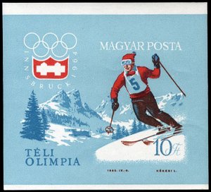 Hungary #1555 Cat$30, 1963-64 Winter Olympics, imperf. souvenir sheet, never ...