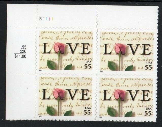 ALLYS STAMPS US Plate Block Scott #3499 55c Rose & Letter [4] MNH F/VF [STK]