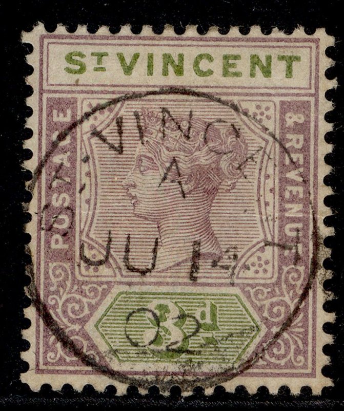 ST. VINCENT QV SG70, 3d dull mauve & olive, USED. Cat £23. CDS