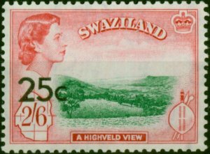 Swaziland 1961 25c on 2s6d Emerald & Carmine-Red SG74b Type II Bottom Left Fi...