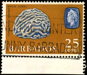BARBADOS Sc 276 F-VF/USED - 1965 25¢ Brain Coral & Queen Elizabeth