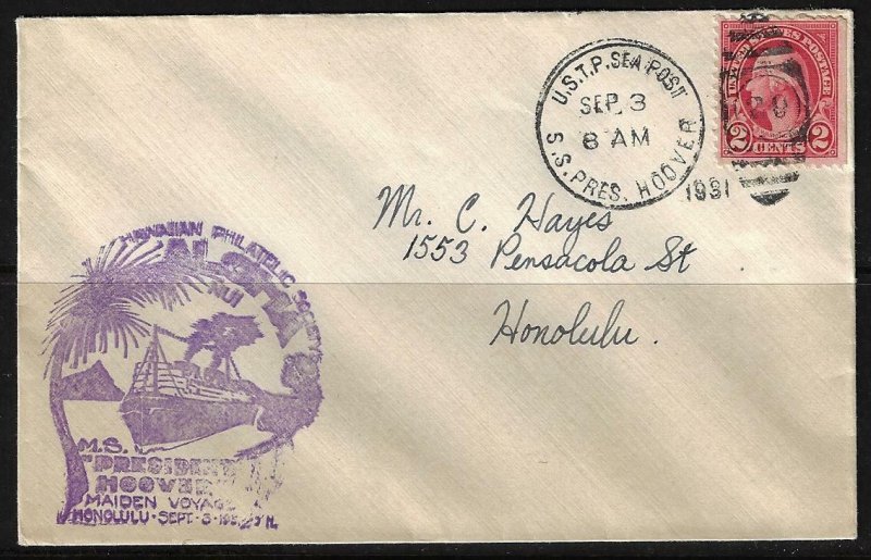 US 1931 HONOLULU HAWAII NAVY SEA POST USTP ON SS PRES HOOVER BATTLE SHIP