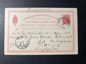 1894 Danish West Indies Postcard Cover St Thomas to Danzig Germany Deutschland