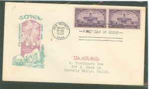 US 838 1938 3c iowa centennial, pair on an addressed, typed fdc with a pough cachet