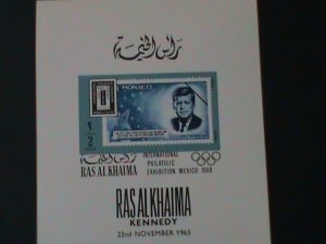 ​RAS AL KHAIMA-WORLD STAMPS SHOW-MEXICO'68 -JOHN F. KENNEDY IMPERF-CTO- S/S