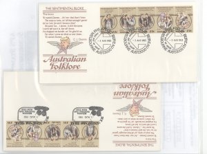 Australia  881 1983 Folklore strip of 5 on two different unaddressed cacheted FDCs with different cancels (Miranda & Melbourne)