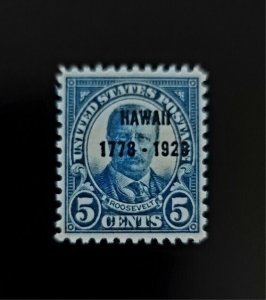 1928 5c Theodore Roosevelt Hawaii Overprint, Dark Blue Scott 648 Mint F/VF LH
