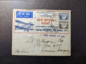 1932 Southern Rhodesia Airmail First Flight Cover FFC Salisbury to Lournes