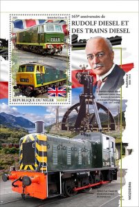 NIGER - 2023 - Rudolf Diesel, Trains - Perf Souv Sheet - Mint Never Hinged