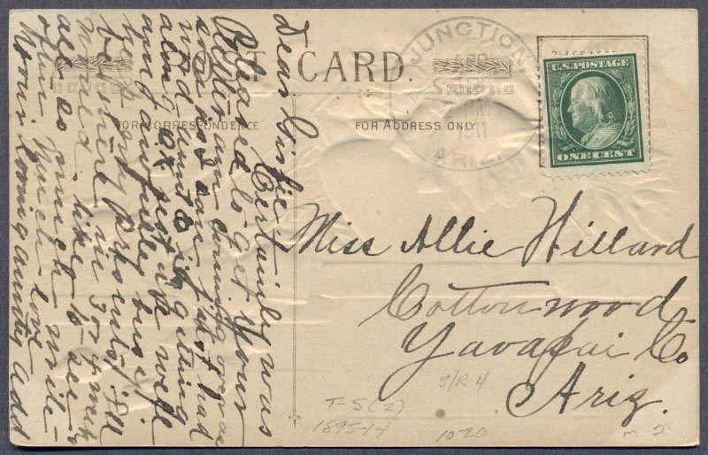 ARIZONA TERRITORY: 1911 JUNCTION Cancel on Postcard; DPO - Yavapai County