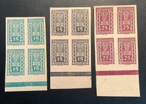 Austria Scott #259v, 259, 261v imperf blocks of 4 on proof paper, nh/h