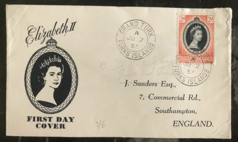 1953 Turks Island First day Coronation cover FDC Queen Elizabeth II QE2 To Uk