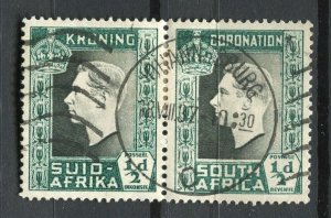 SOUTH AFRICA; 1937 early GVI Coronation issue used 1/2d. POSTMARK PAIR