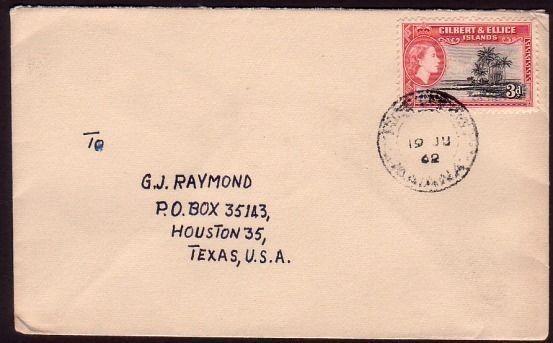 GILBERT & ELLICE IS 1962 cover MAIANA to USA 3d rate..........37297