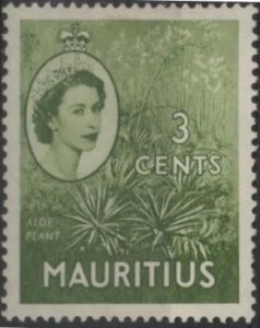 Mauritius 252 (mh) 3c Elizabeth II & aloe plant, yel grn (1954)