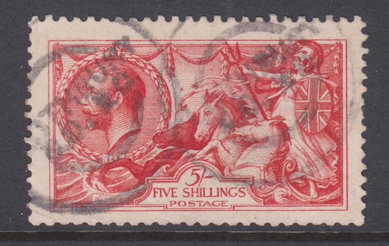 Great Britain Sc 174 used 1913 5sh carmine rose Seahorses, Waterlow printing