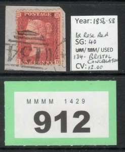 LOT #G912 - SG40 - 1d Rose Red 'Penny Star' - 134 Bristol Cancellation - 1856-58