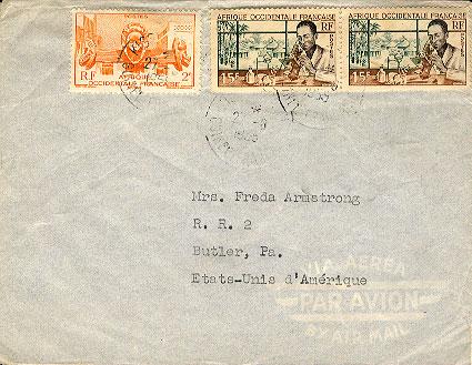 French West Africa 2F Bamako Fountain and 15F Medical Laboratory (2) 1955 Kis...