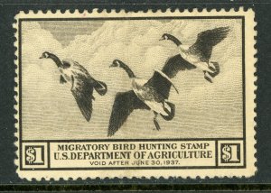 USA 1936 Duck Stamp $1.00 Canada Geese Scott #RW3 Mint B127