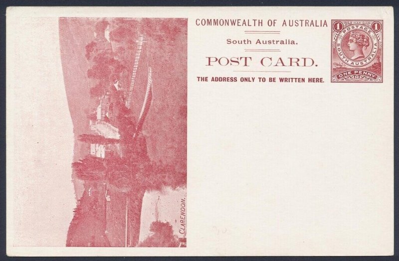 SOUTH AUSTRALIA Postcard 1908 QV 1d Melbourne printing, no stop, view Clarendon.