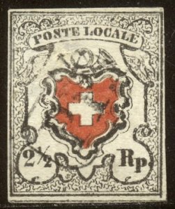 SWITZERLAND #2 SCARCE Used - 1850 2 1/2r Red & Black